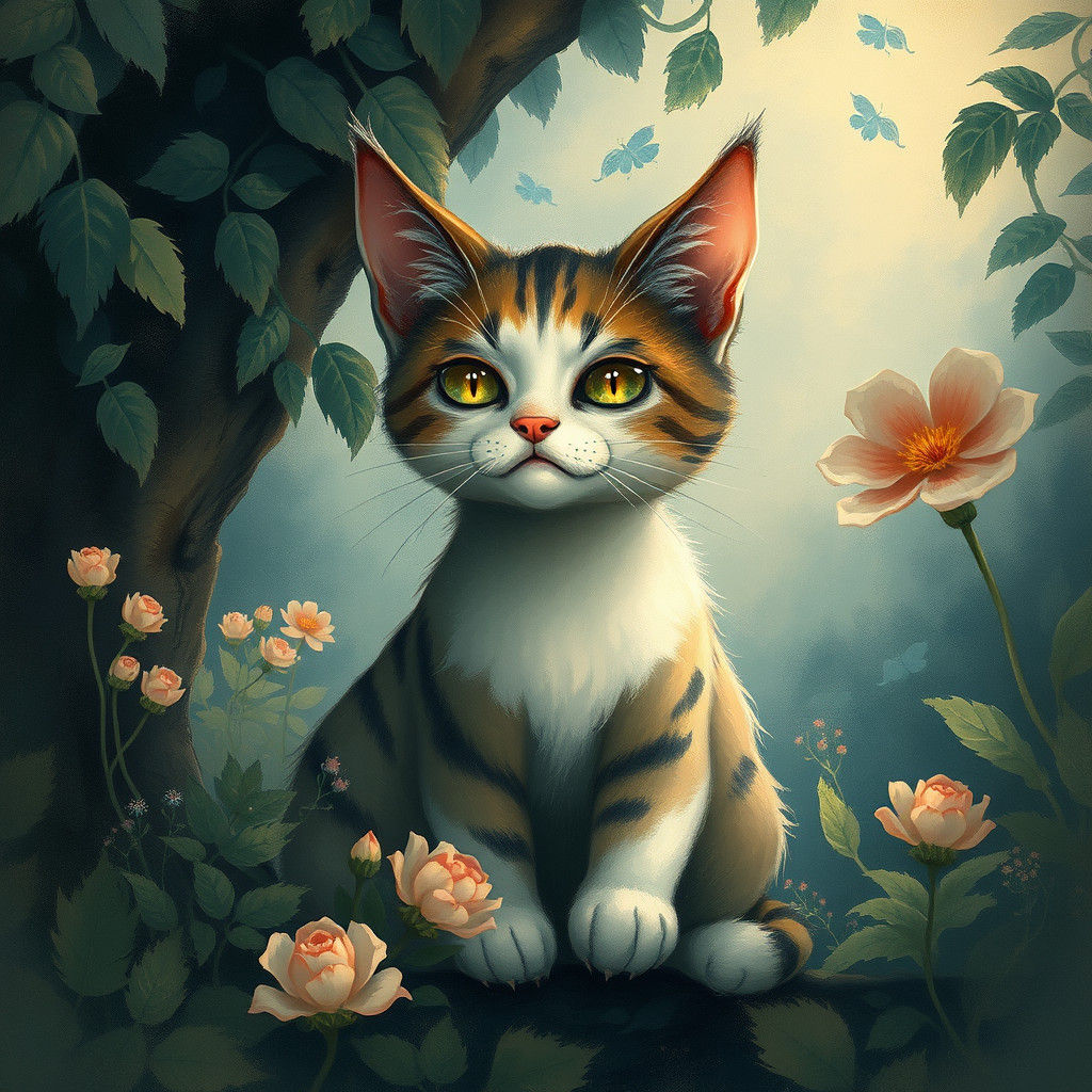 Mystical Feline in Dreamlike Setting as Vintage Illustration