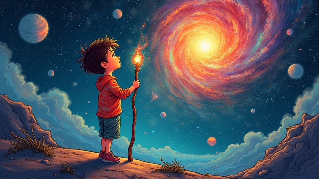 Boy Contemplates Cosmic Wonders in Vibrant, Dreamlike Scene