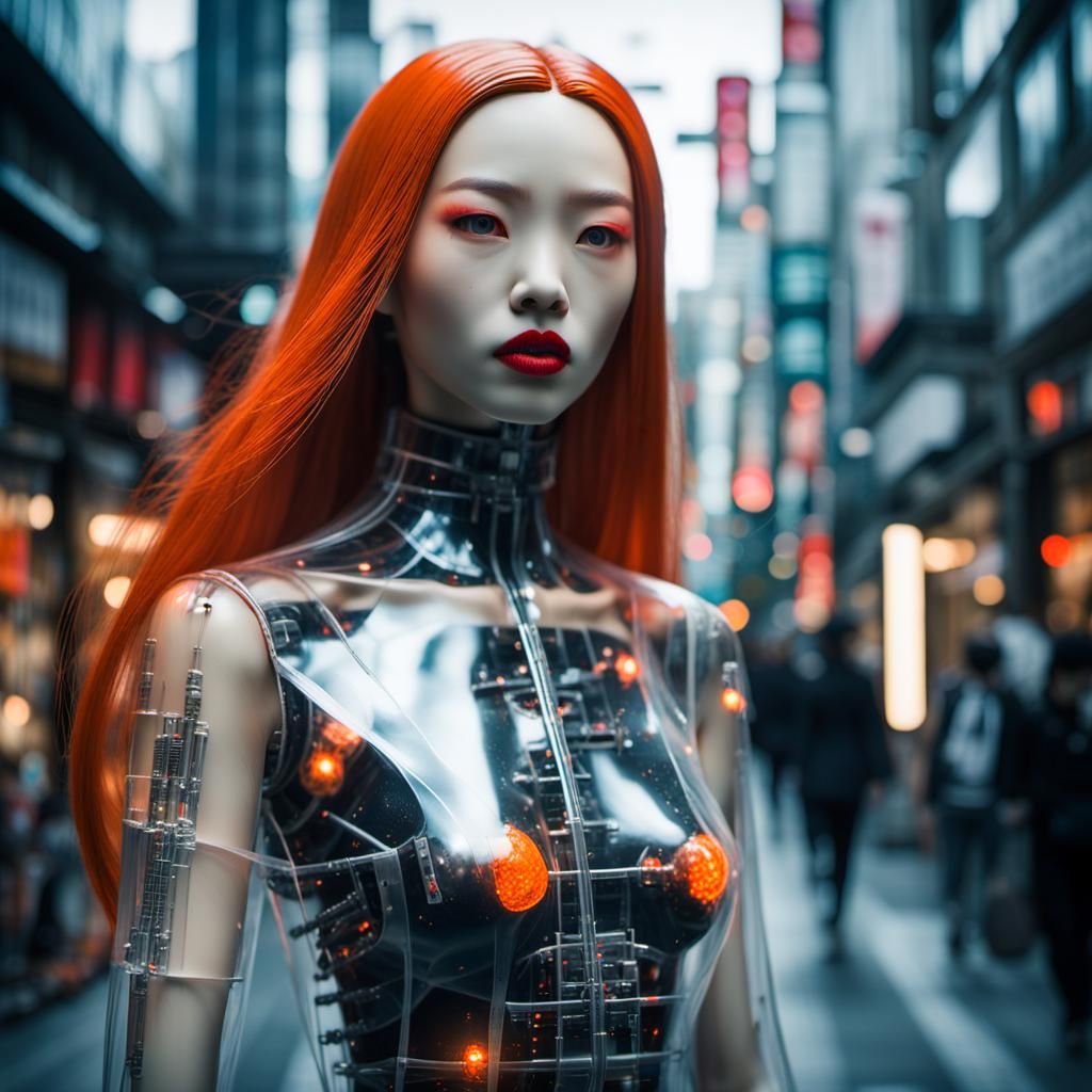 Translucent Ghost Woman in Cyberpunk Hibiya Street