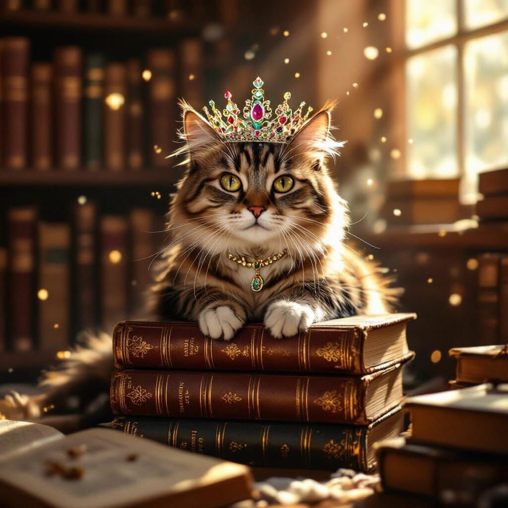 Cat in Crown on Books in Sunlit Nook