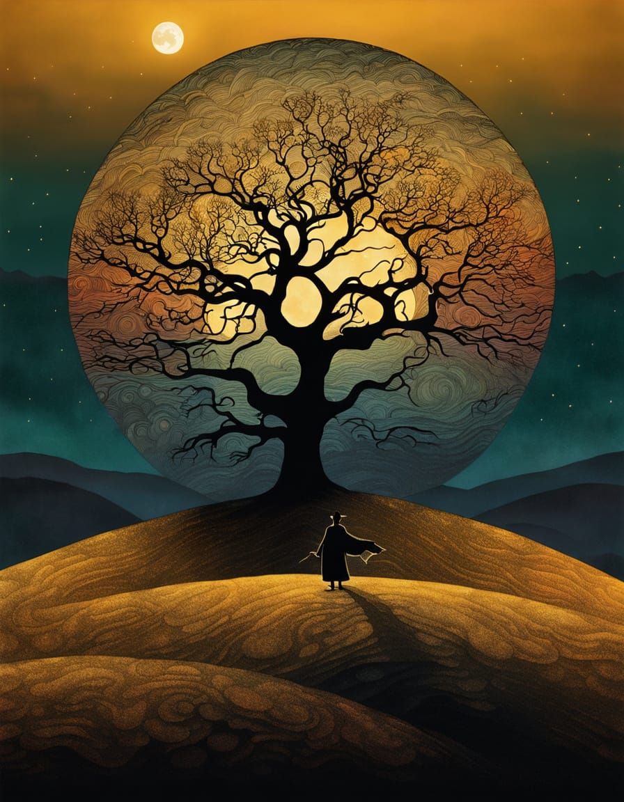 Golden Hour Landscape with Enchanted Tree