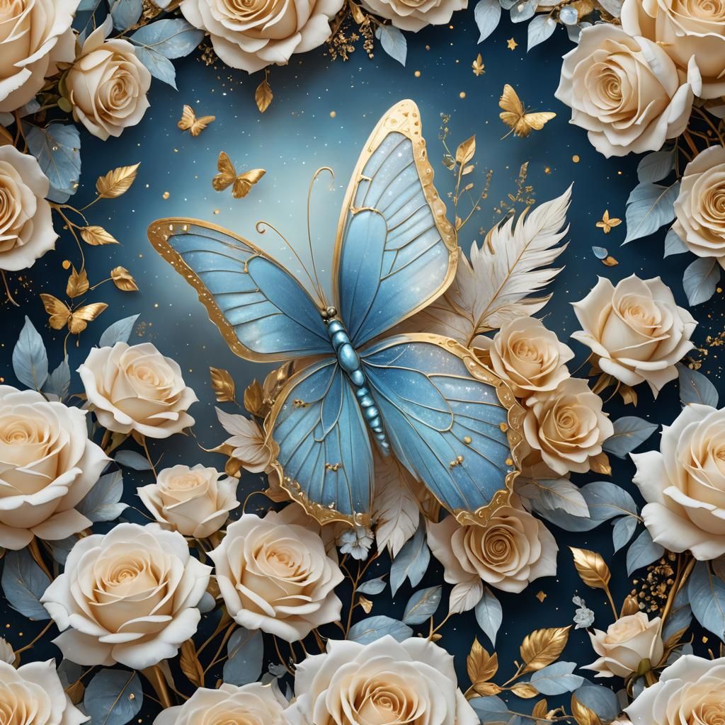 Sky Blue Butterfly with Golden Wings in 3D