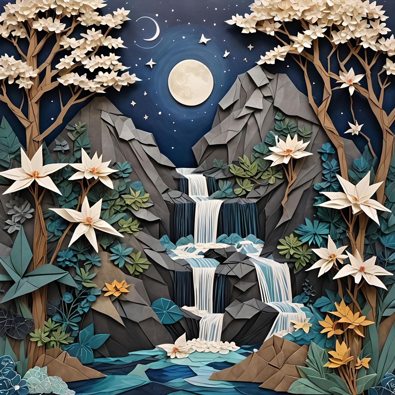 Origami Waterfall Mixed Media Collage