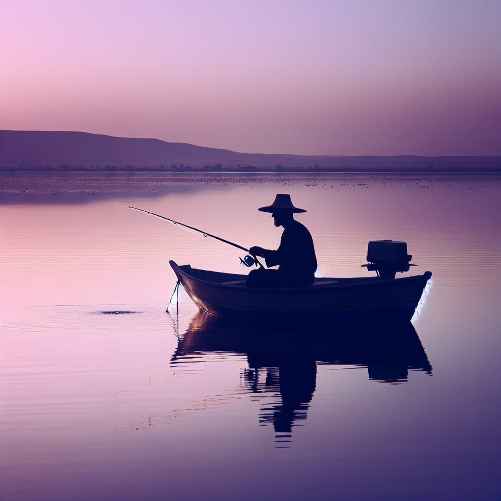 Solitary Fisherman at Dusk in Calm Waters
