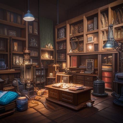 Witch's Library with Potions in Art Nouveau Style