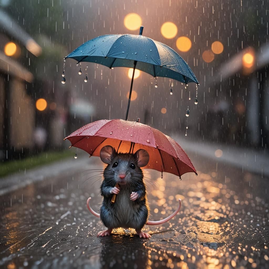 Mouse with Umbrella in Rainy Sunset