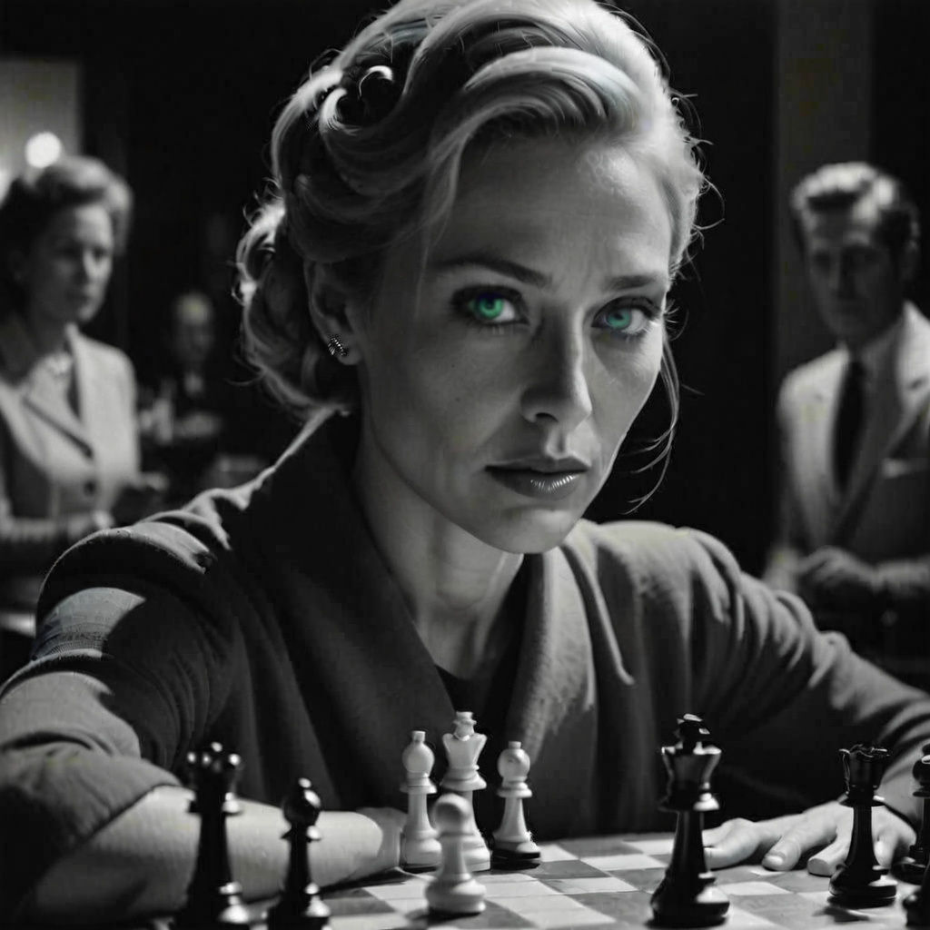 Vintage Hollywood Starlet in Cinematic Chess Pose