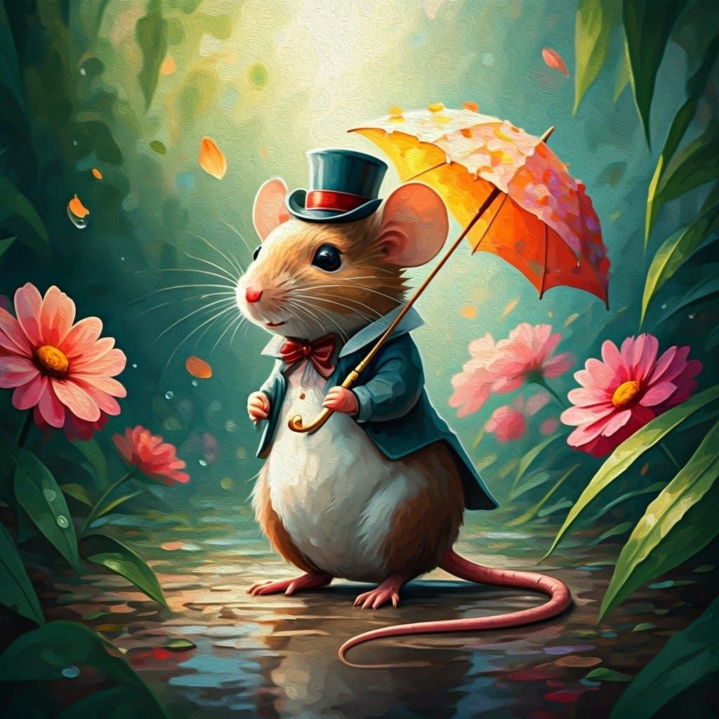 Victorian Mouse with Flower Umbrella: Gouache Impressionism