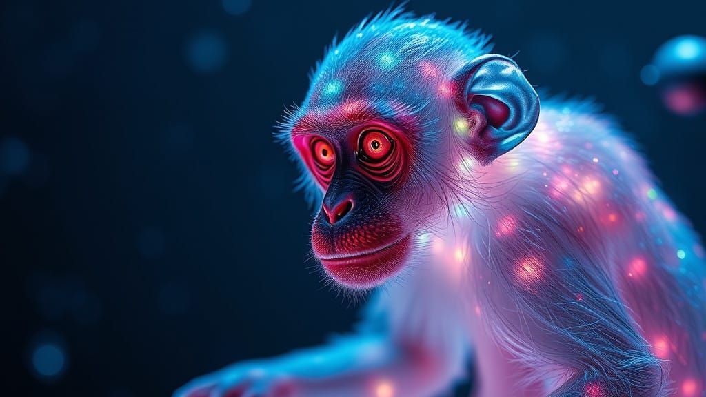 Glowing Bioluminescent Monkey Shines in Starry Galactic Nigh...