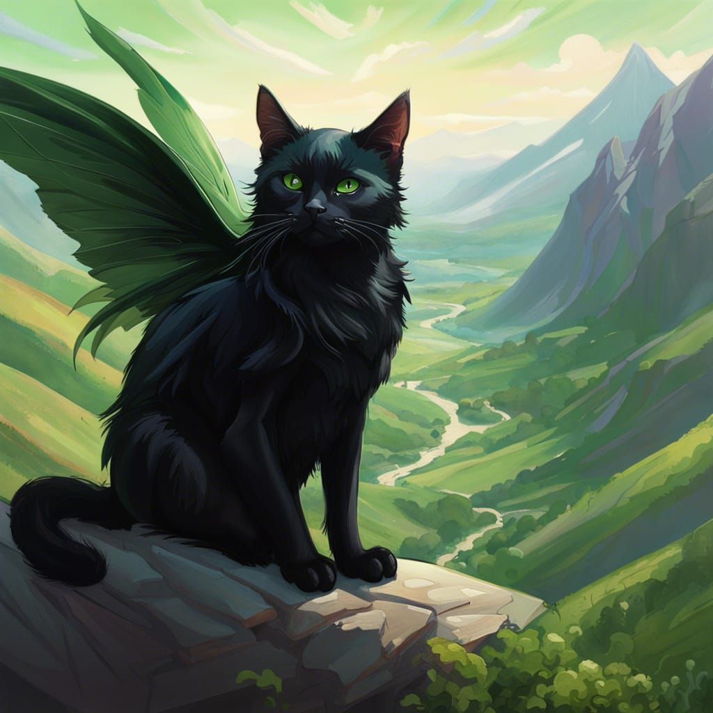 Winged Black Cat on Mountain in Digital Art Style