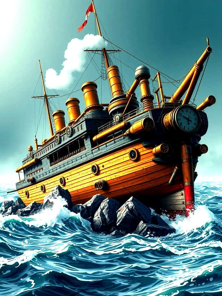 Steampunk Battleship Wrecked on the Rocky Shore