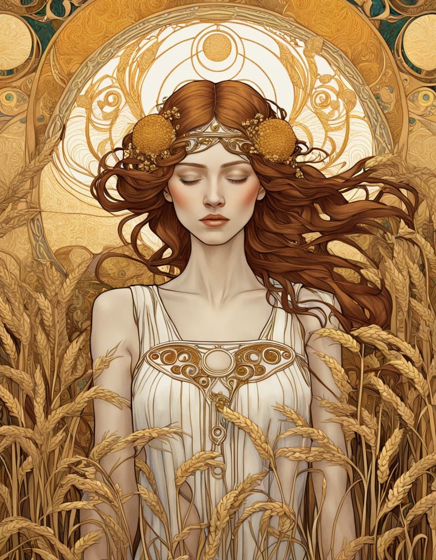 Girl in Wheat Field, Art Nouveau Style