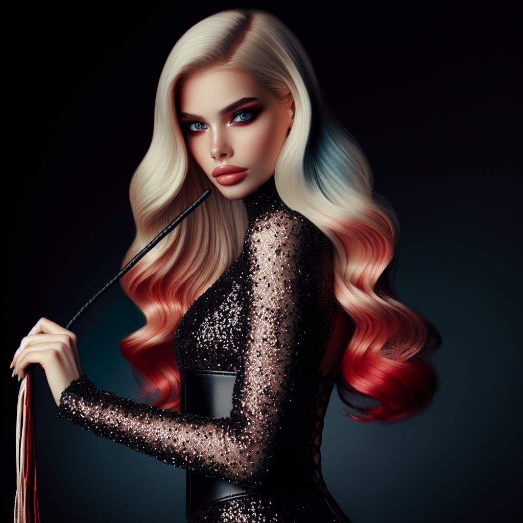 Mysterious Woman in Glittering Dress with Whip