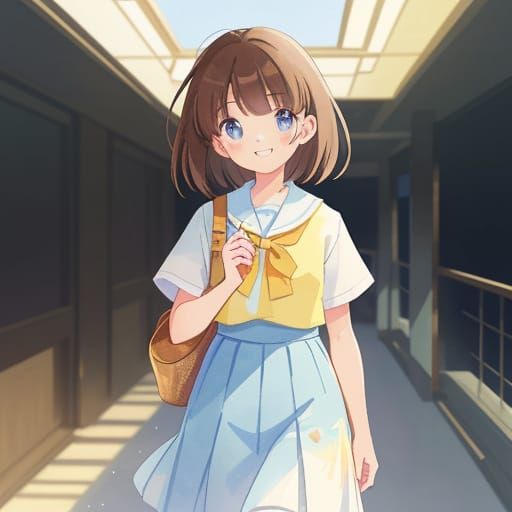 Thai-Chinese Girl Walks School Hallway in Traditional Unifor...