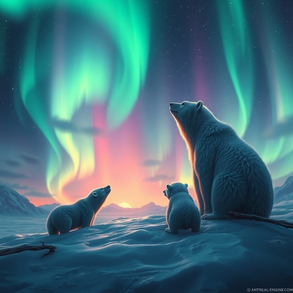 Northern Lights Spectacle in a Fantastical Polar Bear Realm