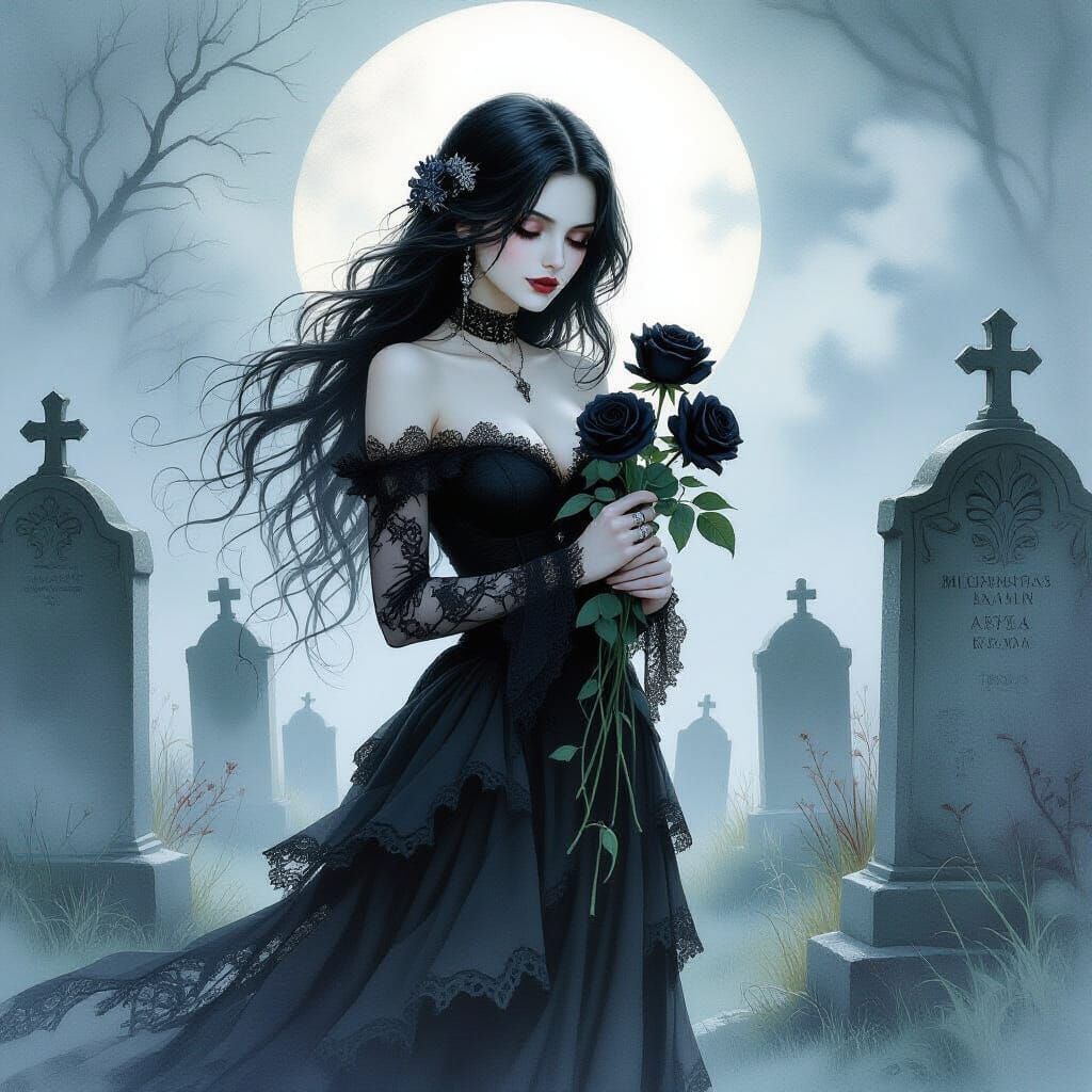 Goth Woman in Misty Graveyard with Black Roses