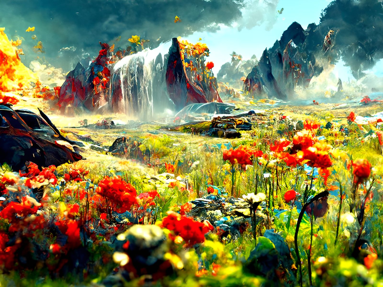 Explosive Mountain Landscape with Butterflies in Lithograph ...