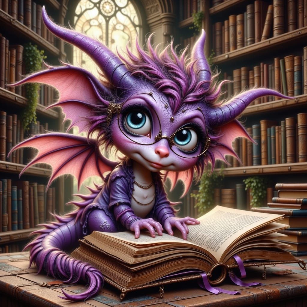 Whimsical Purple Dragon in a Grand Library