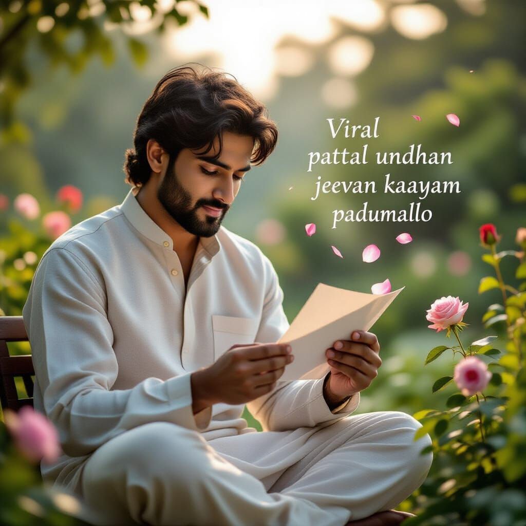 South Asian Man in Garden at Dawn with Letter and Rose