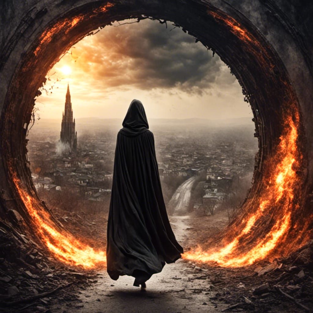 Nomadic Woman Walks Towards a Paradise Portal