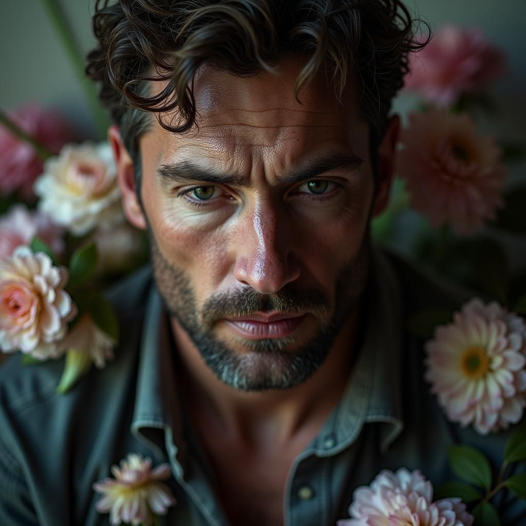 Introspective Man Portrait with Floral Tapestry