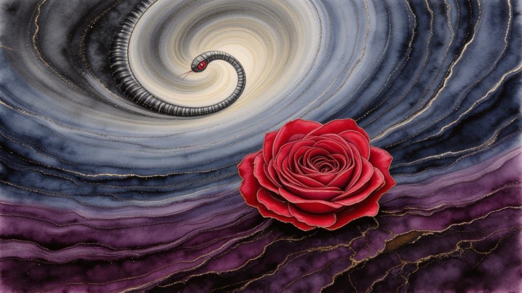 Wilting Rose with Ethereal Worm in Watercolor Storm