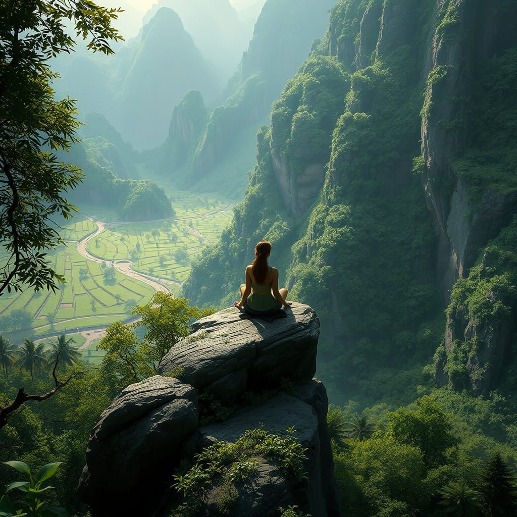 Serene Landscape with Woman, Dreamy Digital Art