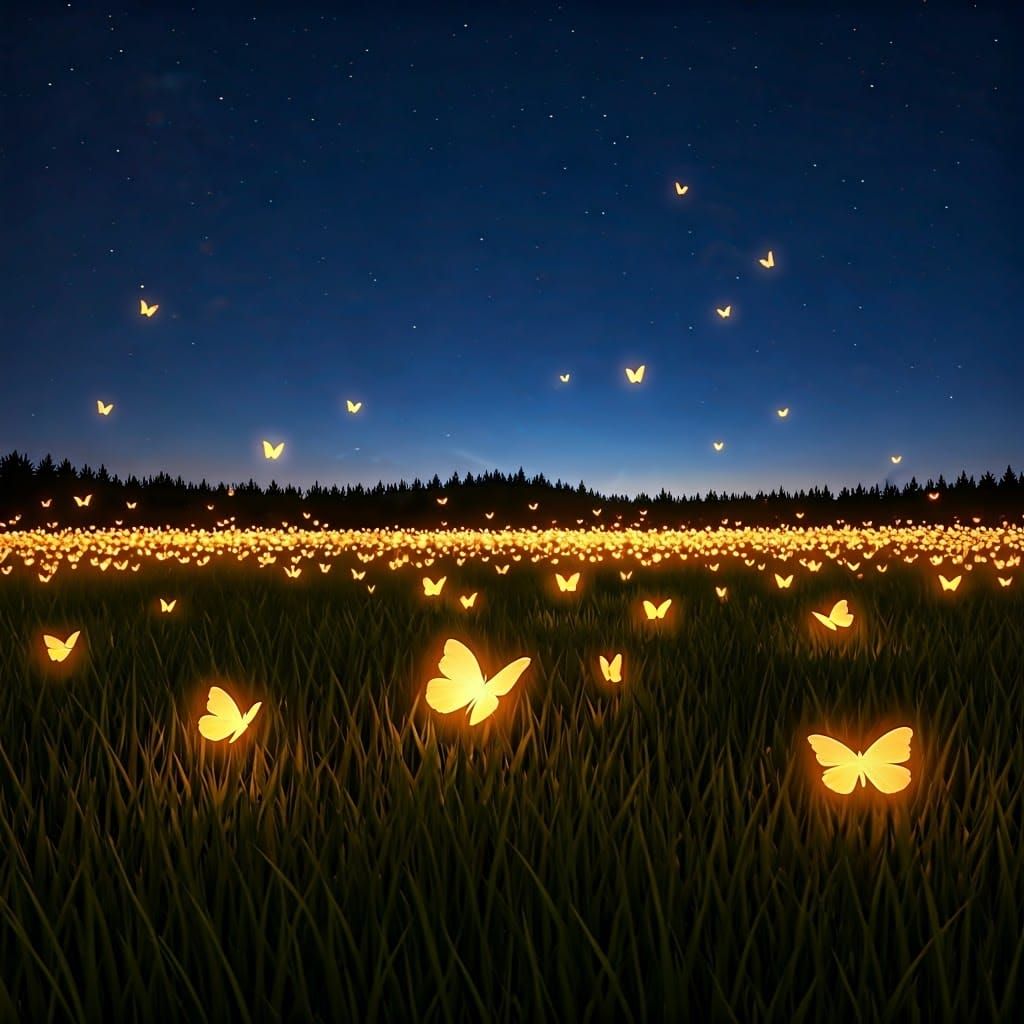 Glowing Butterflies Dance at Twilight in a Surreal Meadow