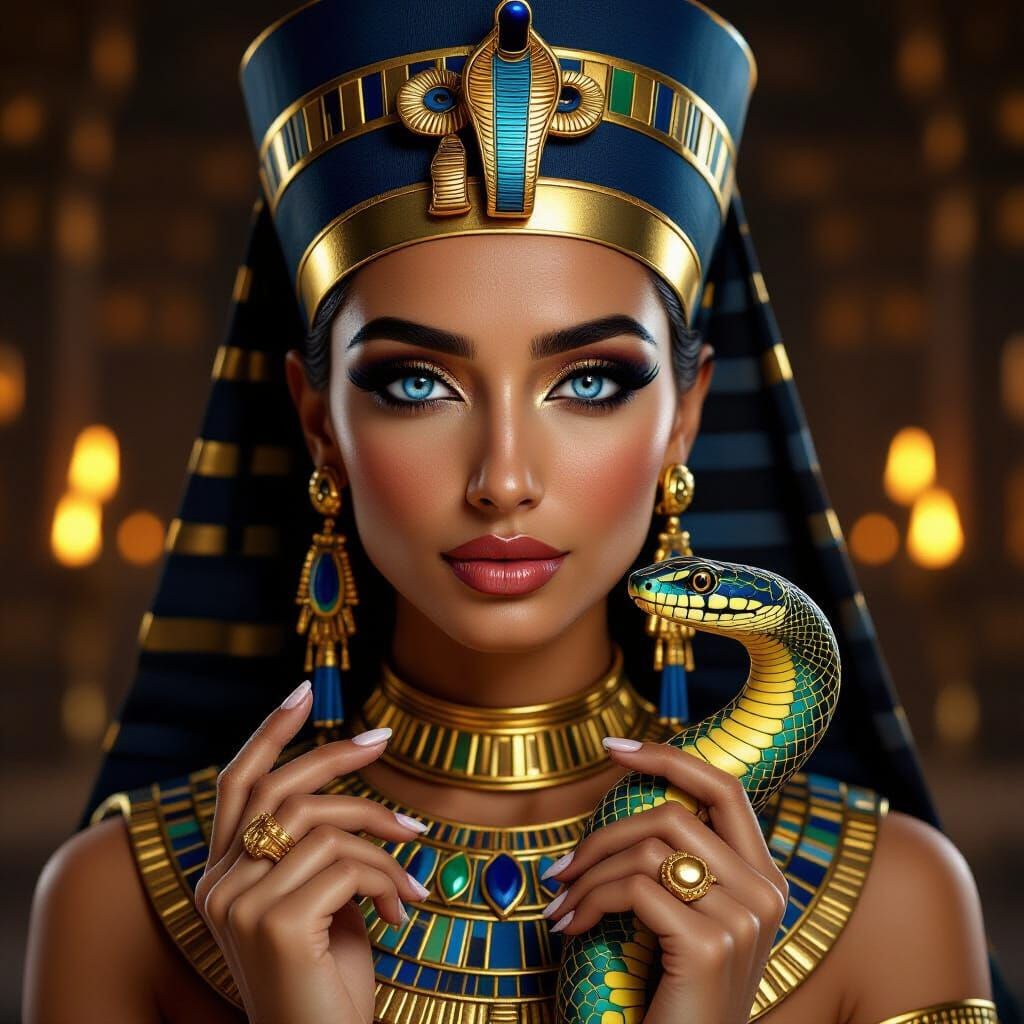 Ancient Egyptian Queen with Cobra Uraeus and Golden Collar