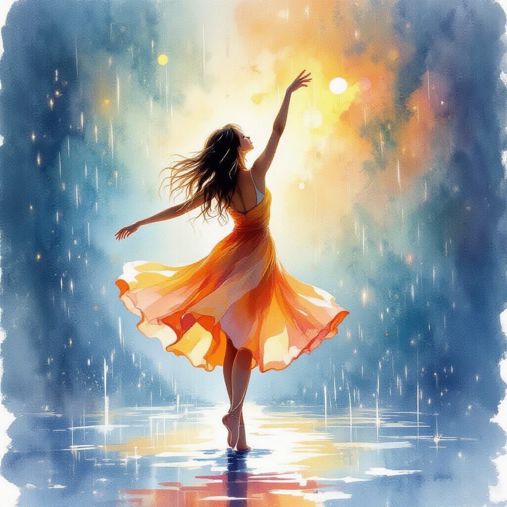 Watercolor Woman Dancing in Summer Rain