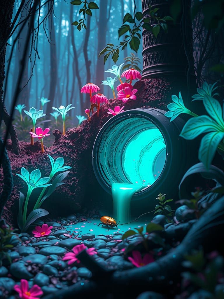 Bioluminescent Flora Thriving Near Toxic Waste Pipe