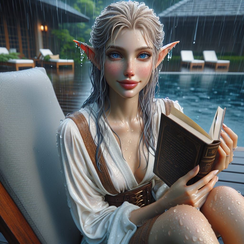 Rainy Poolside: Bashful Elf in Hyperrealistic Style