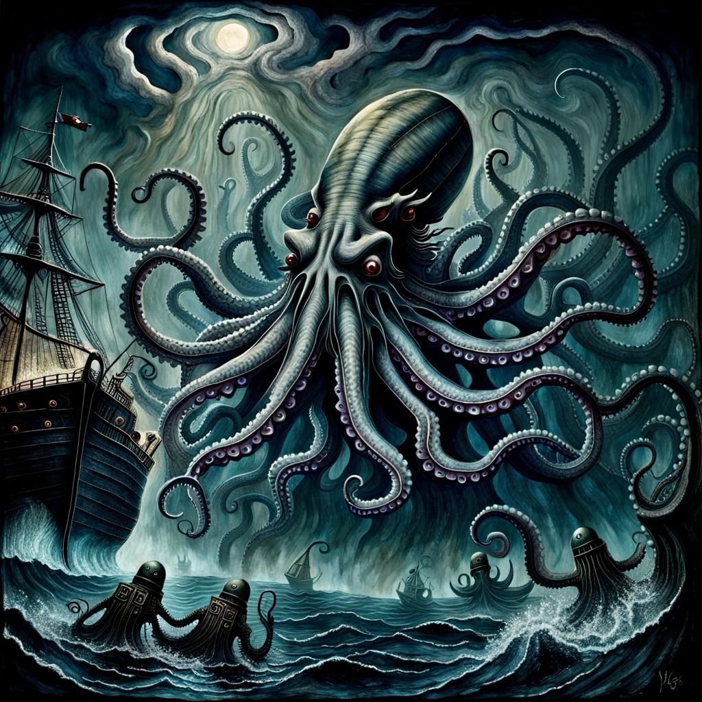 Kraken and Squid Battle: A Dark Fantasy Painting