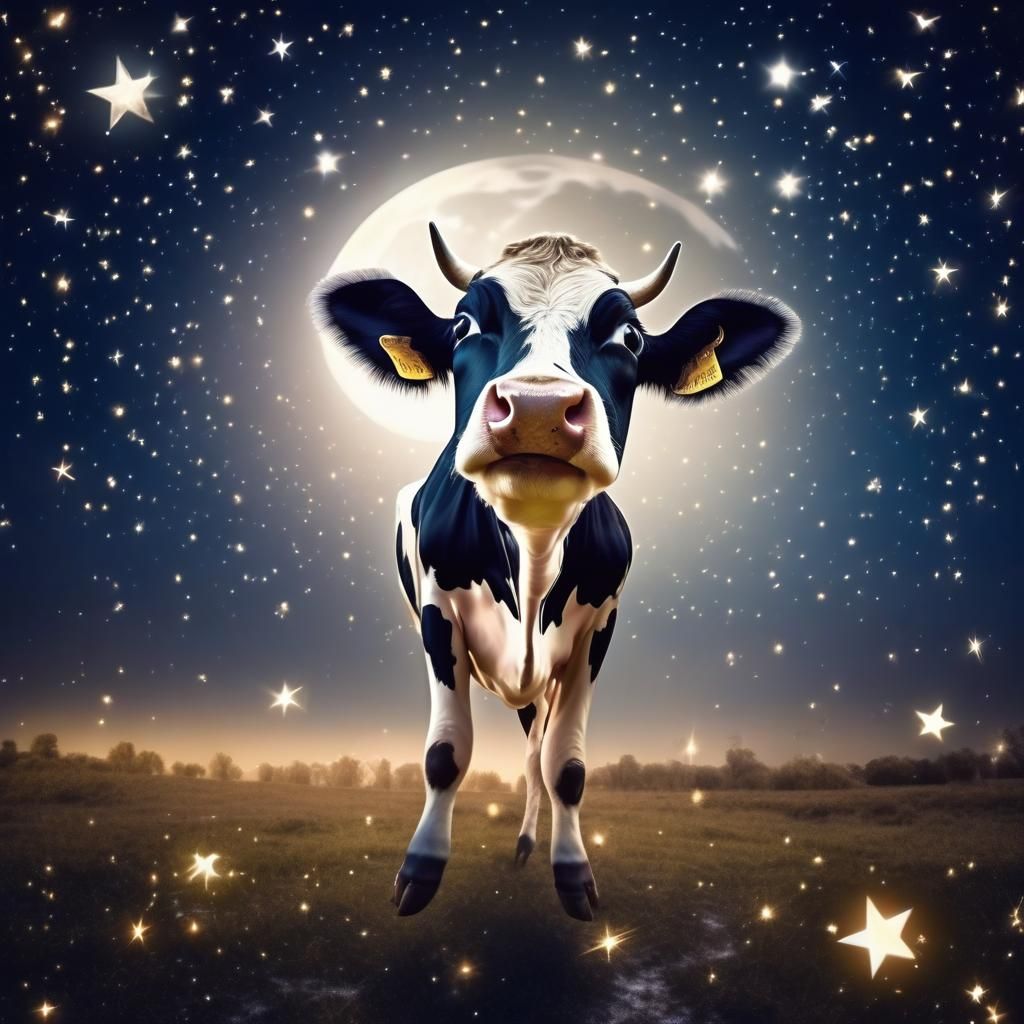 Cute Cow Jumps Over Moon in Lyrical Abstraction