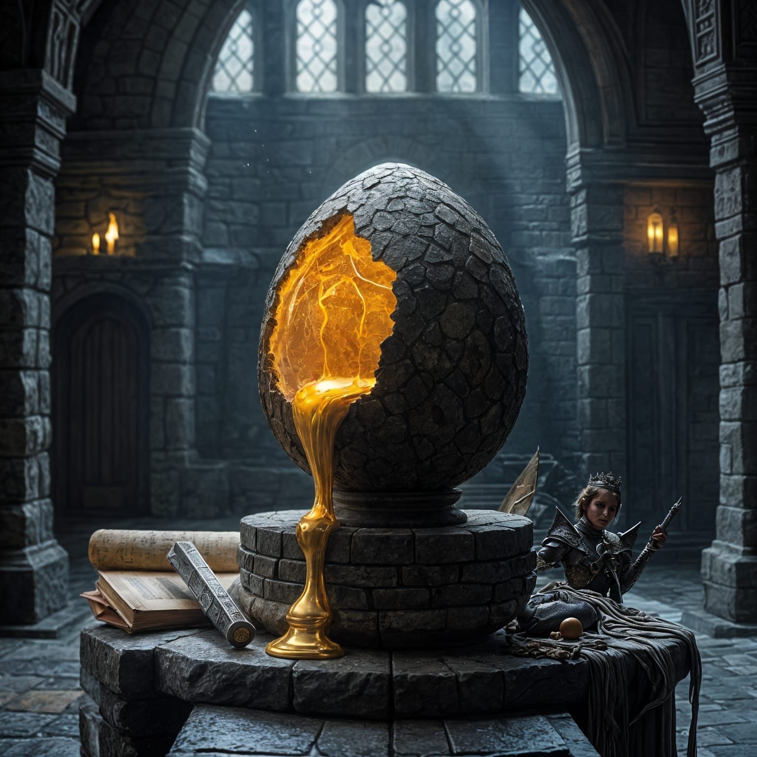 Dragon Egg Cracked on Ancient Castle Pedestal in Golden Sile...