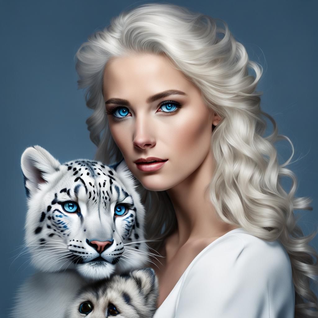 Blue-Eyed Woman with Snow Leopard