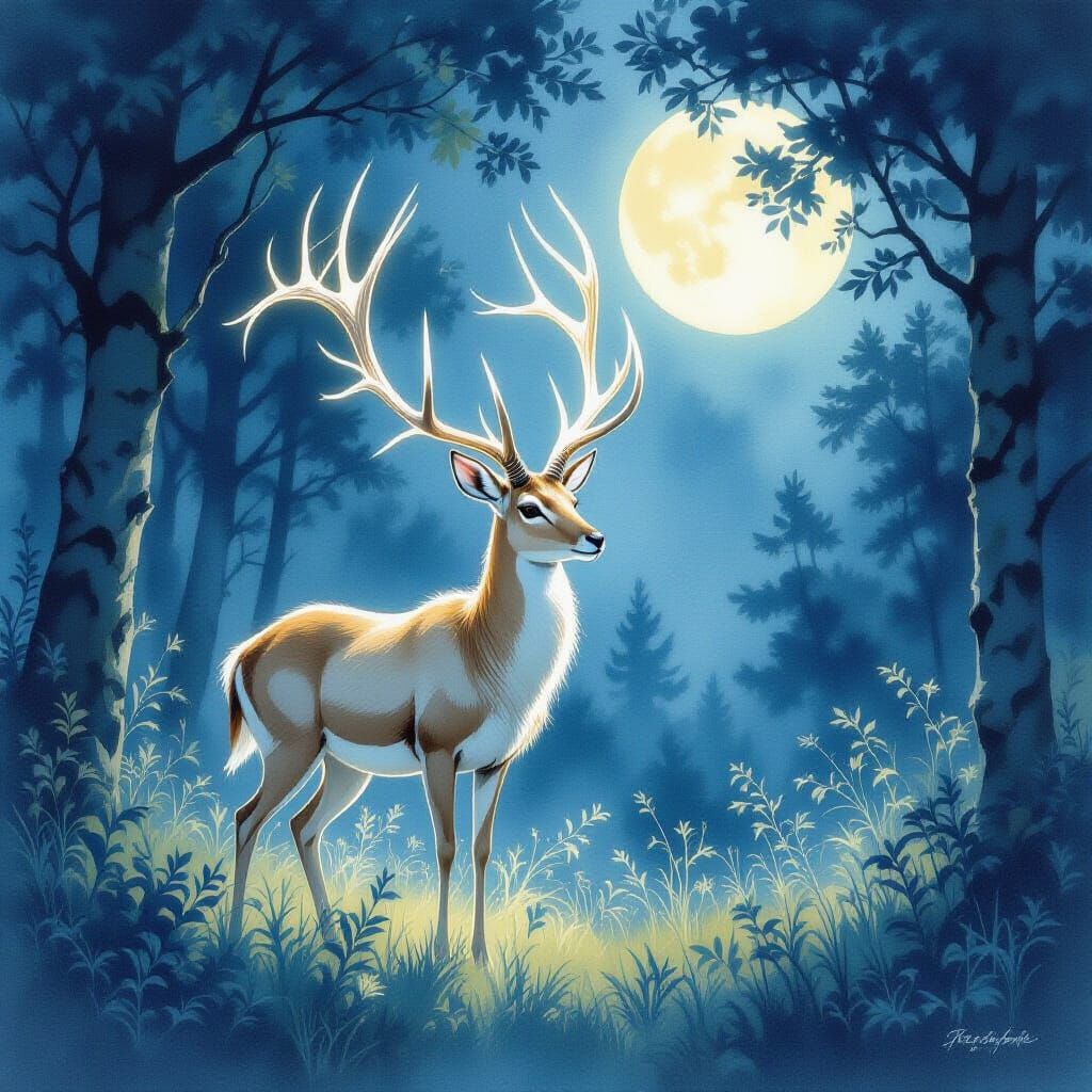 Majestic Gazelle With Glowing Antlers in Moonlit Forest