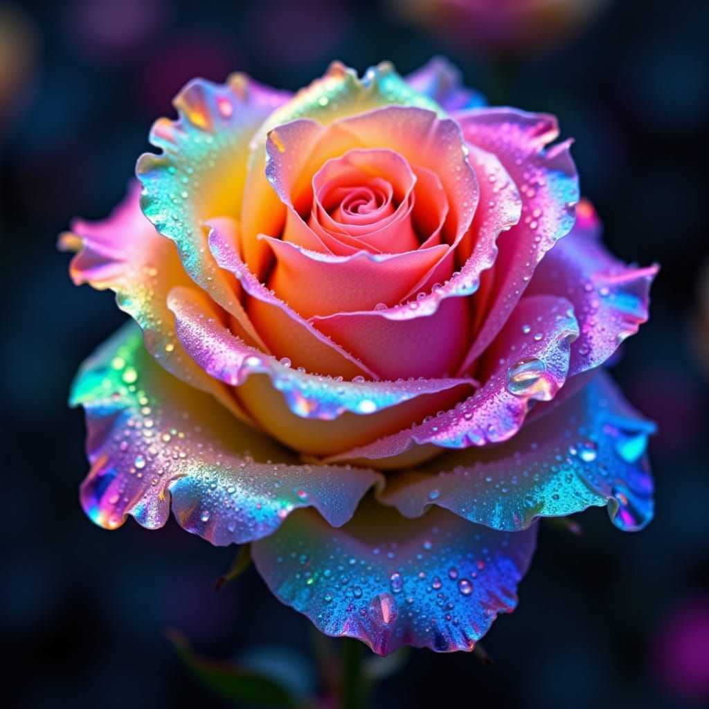 Rainbow Spider Silk Rose with Luminous Dew Drops
