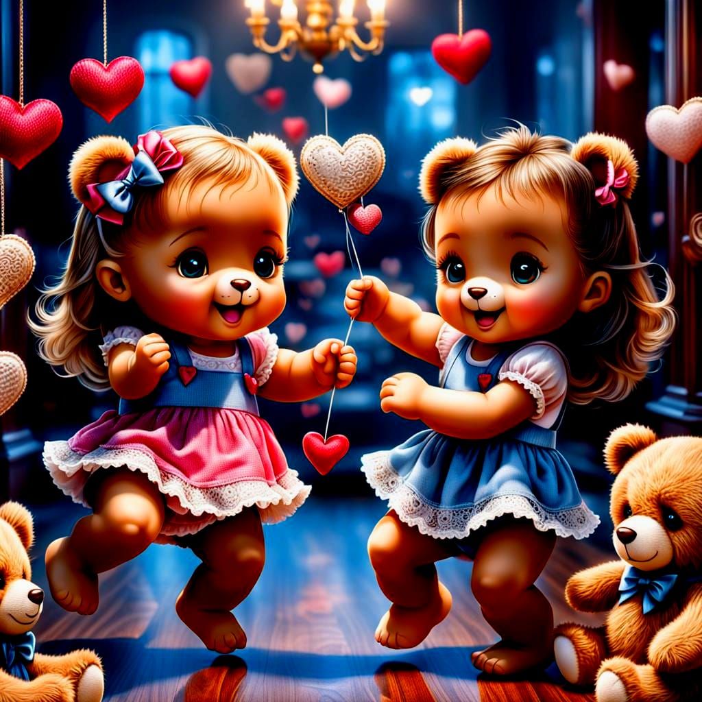 Happy Baby Girls Playing with Teddy Bears