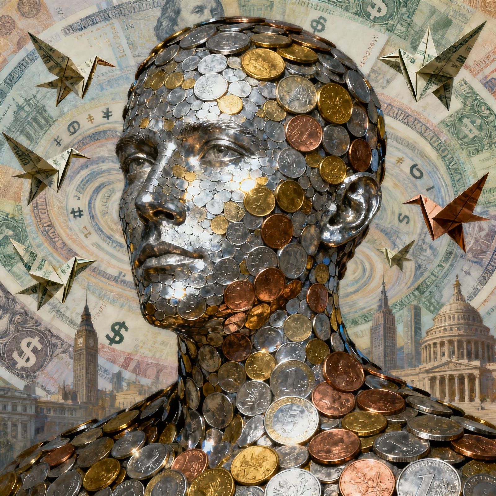 Surreal Portrait Crafted from Coins and Banknotes
