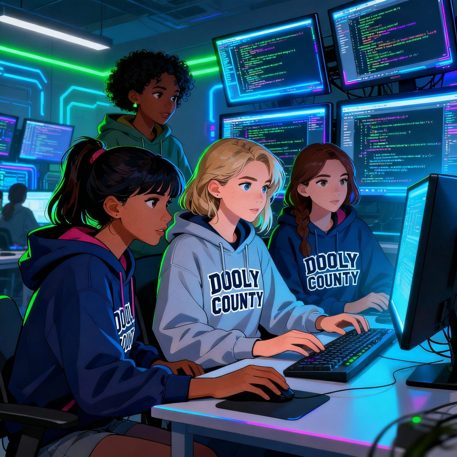 Female Students Coding in Futuristic Dooly County
