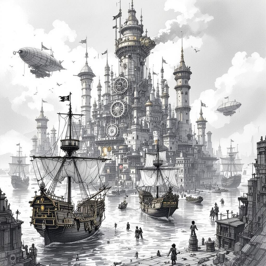 Steampunk Pirate City With Airships In Pencil Sketch Style