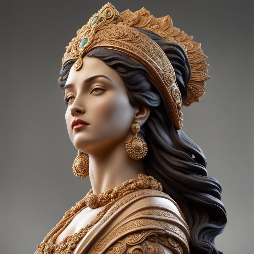 Voluptuous Goddess Statue in Epic Battle, Glazed Clay