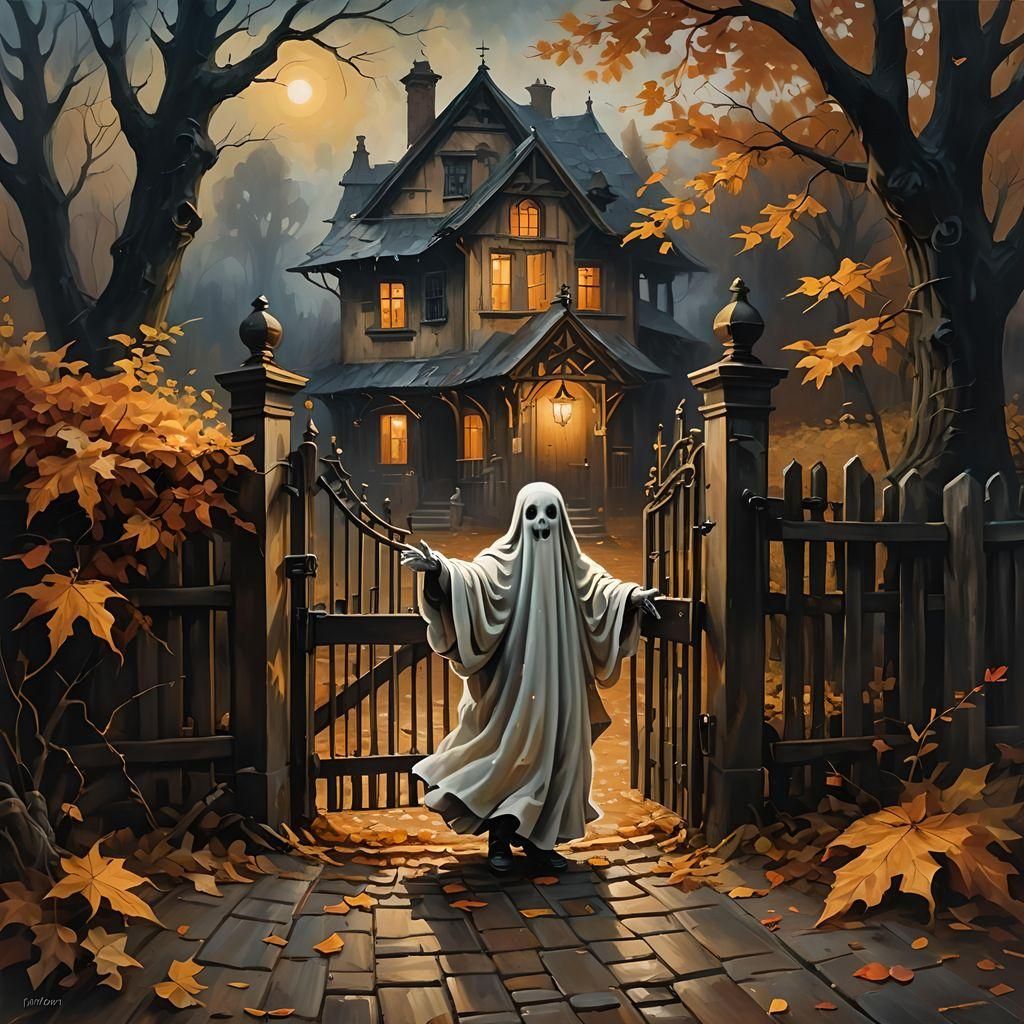 Charming Ghost at the Gate: An Autumn Oil Painting