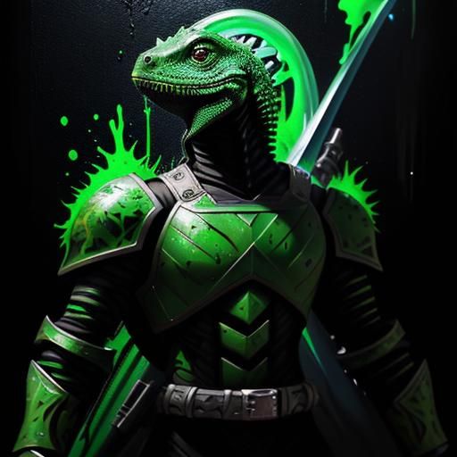 Lizard Warrior with Flaming Sword in Graffiti Style