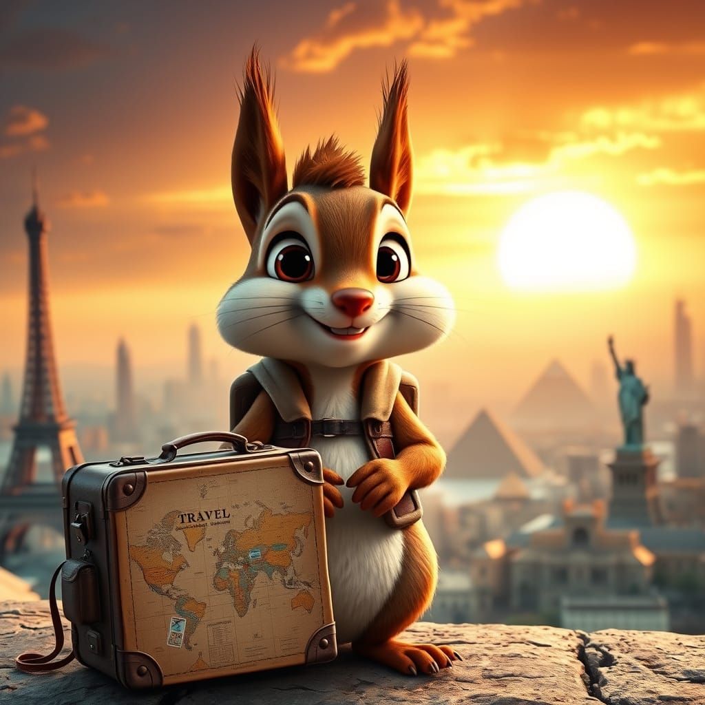 Cute Squirrel Embarks on Epic Adventure with Suitcase and Ma...