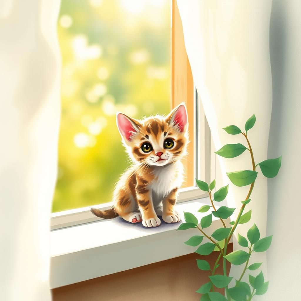 Kitten Gazing Out Window in Watercolor Style