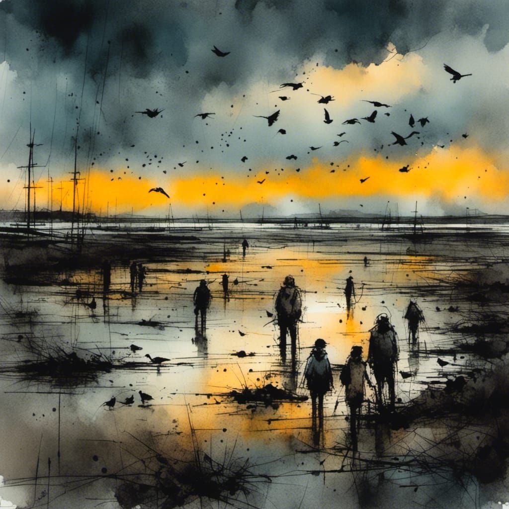 Stormy Dusk Mudflat Hike in Charcoal and Ink