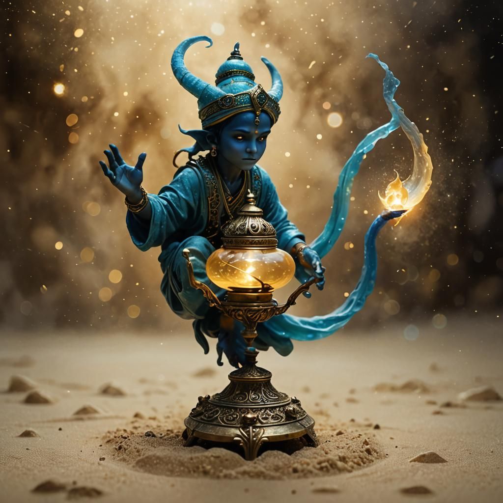 Miniature Djinn Illuminates Magic Lamp in Vibrant Colors