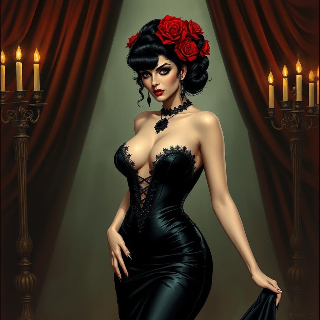 Elvira Mistress of the Dark in Dark Fantasy Style